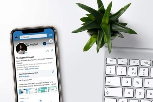 LinkedIn app with keyboard and plant