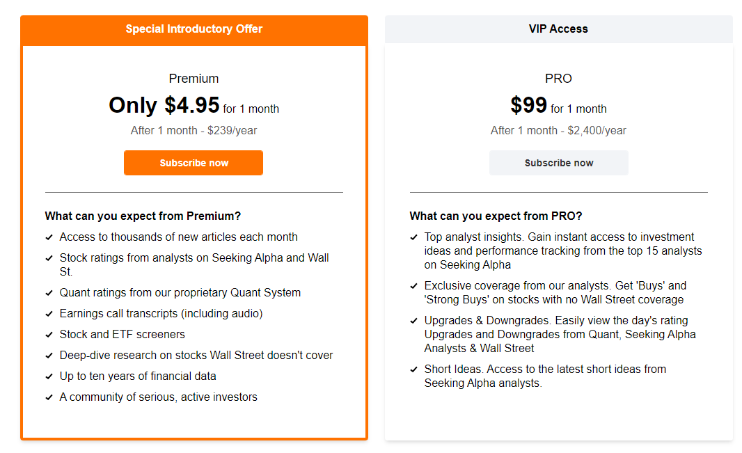 seeking alpha pro vs premium price