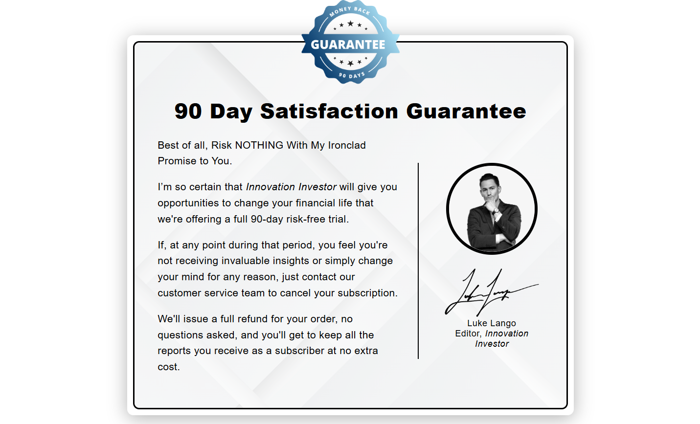 90 Day Satisfaction Guarantee on luke lango's Apple's Silet AI Suppliers
