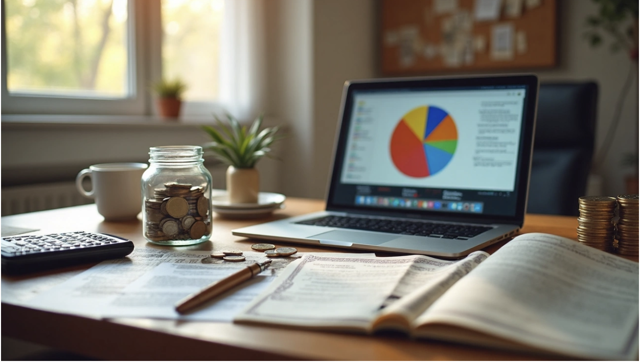 A laptop with a dividend portfolio on the screen, notes, calculator etc on a table